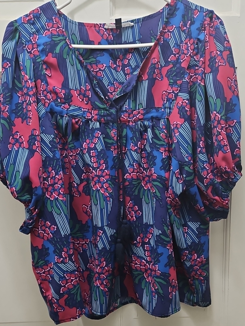 Michelle McDowell Women’s Floral Tie-Neck Blouse in Purple and Pink